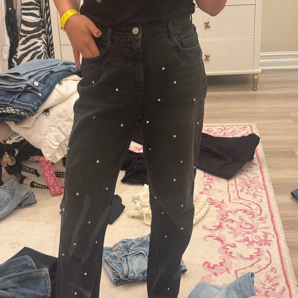 Zara Black High Rise Jeans with Pearl Details